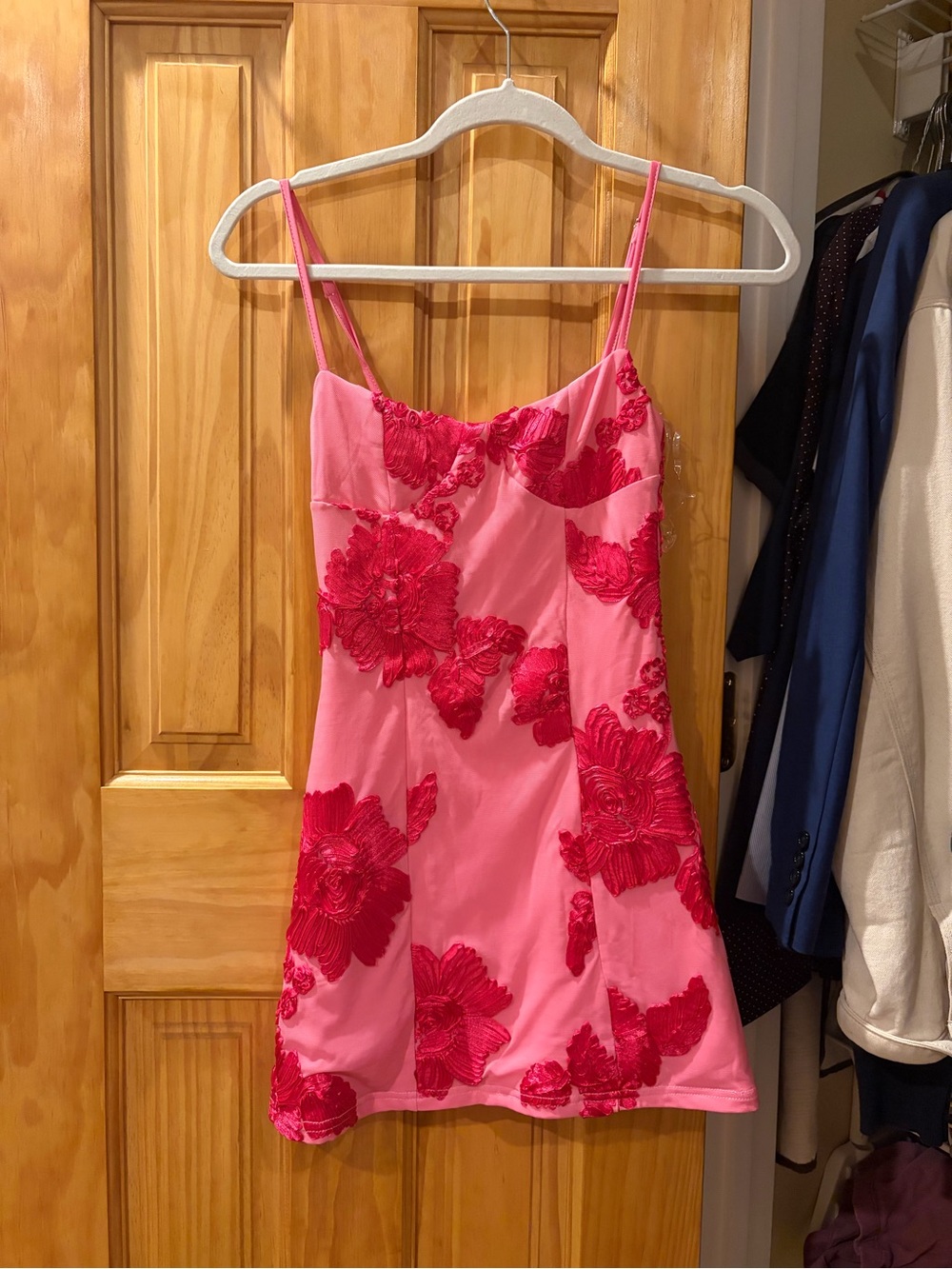 Peppermayo Pink Mini Dress with Red Floral Appliqué